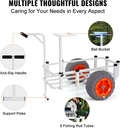 VEVOR Beach Fishing Cart, 350 lbs Load Capacity, Fish and Marine Cart with Two 16" Big Wheels PU Balloon Tires for Sand, Heavy-Duty Aluminum Pier Wagon Trolley with 8 Rod Holders for Fishing, Picnic