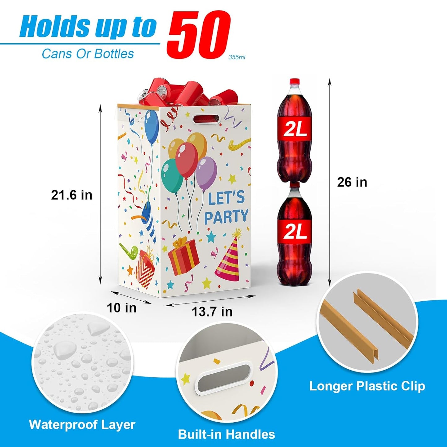 13 Gallon Disposable Trash Cans with Built-in Handles, 4 Pack Extra Large Portable Trash Can, Waterproof Layer Reusable Garbage Cans, Extra-Thick Cardboard Recycling Bins, Perfect for Parties,Colorful