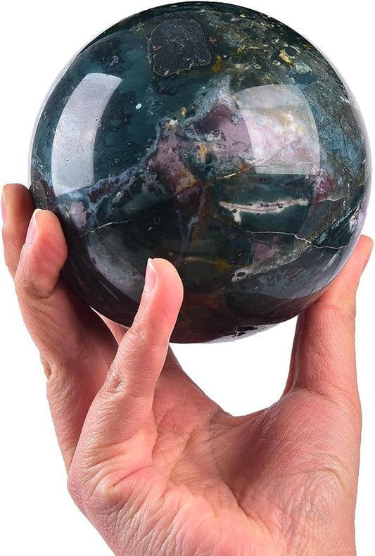 JIC Gem Large Ocean Jasper Crystal Sphere Ball with Wooden Stand Healing Decorative Ball Reiki Healing Gift 100-110mm