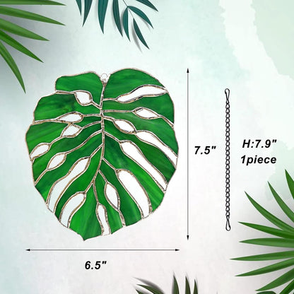 Tuitessine Monstera Suncatcher Stained Glass Leaf Exotic Jungle Tropical Decor Window Wall Hanging Home Decor Green Nature Ornament Glass Panel Birthday Gift for Grandma Plant Lovers 7.5 * 6.5”