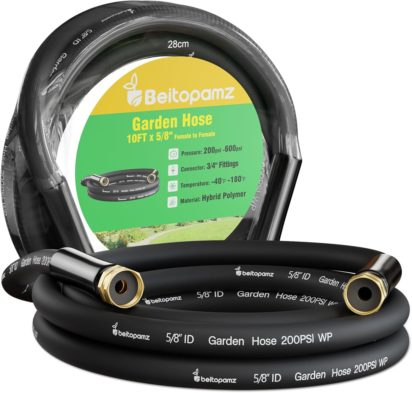 Short Garden Hose 10 ft x 5/8" Female to Female Hose Adapter, Heavy Duty Small Water Hose Extend Connector, Leak-Free Connections Hybrid Rubber Leader Hose with 3/4" Double GHT Fittings, BT10FF, Black