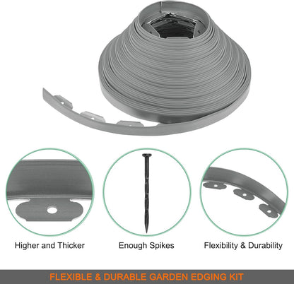 Garden Edging - 100 Feet Plastic Landscaping Edging Border with 93 Pack Spikes Apply to Flower Beds/Grass Lawn/Yard (1.57Inches Tall, Grey)