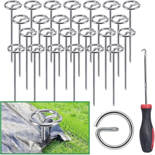 150Pcs Landscape Garden Staples - 6 Inch Circle Landscape Fabric Pins, Strong and Not Easy to Bend, with Hook Tool, Suitable for Outdoor Gardening, Garden, Turf, Fabric