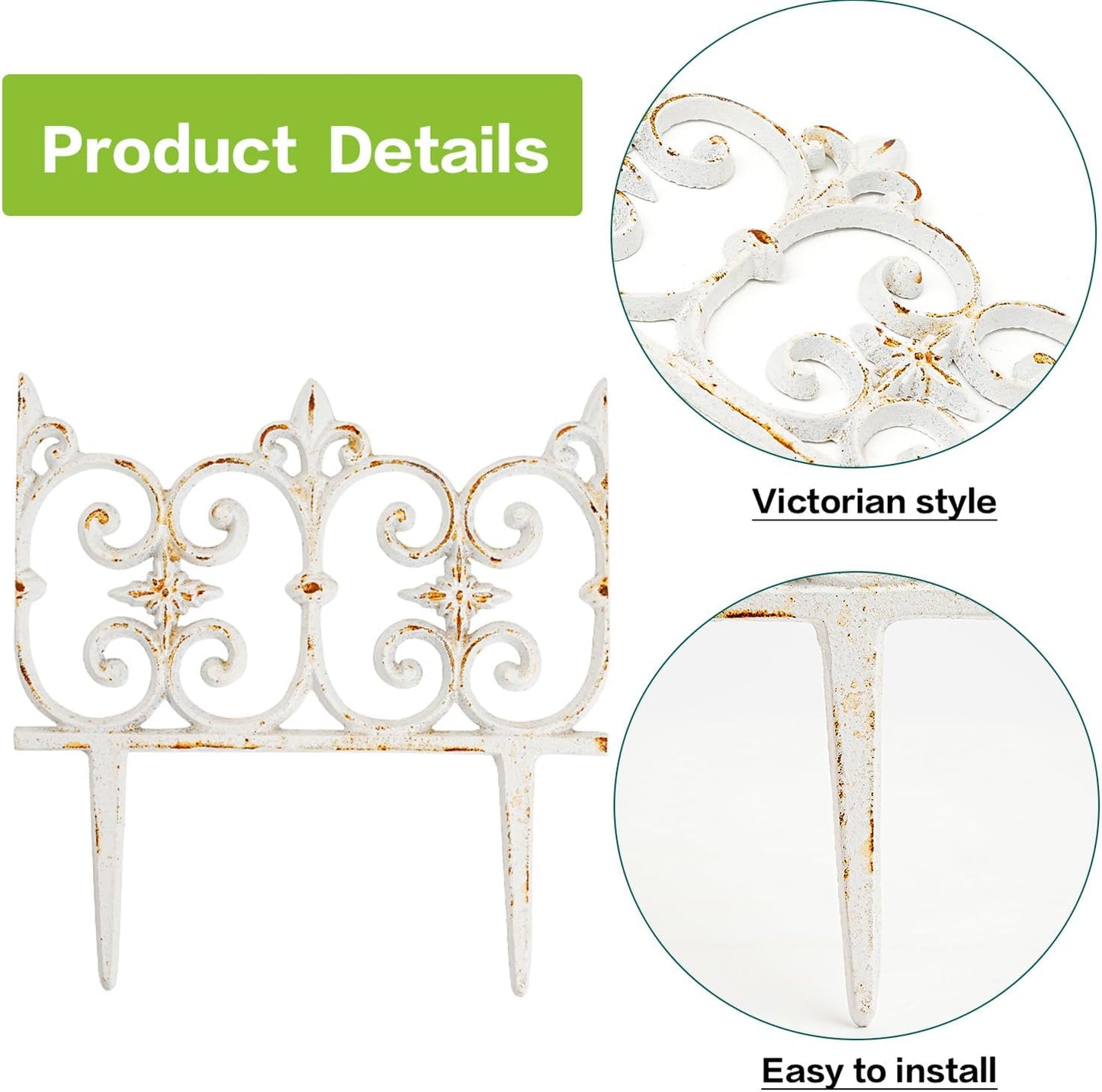 Sungmor Decorative Cast Iron Garden Edging, 4 Pack Rustic White Victorian Garden Edging Landscape Border, Vintage Metal Yard Stake Low Picket Fence, 10.6" Tall Outdoor Flower Bed Lawn Fence Panels