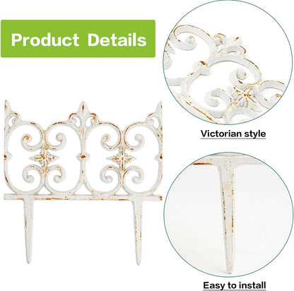 Sungmor Decorative Cast Iron Garden Edging, 4 Pack Rustic White Victorian Garden Edging Landscape Border, Vintage Metal Yard Stake Low Picket Fence, 10.6" Tall Outdoor Flower Bed Lawn Fence Panels