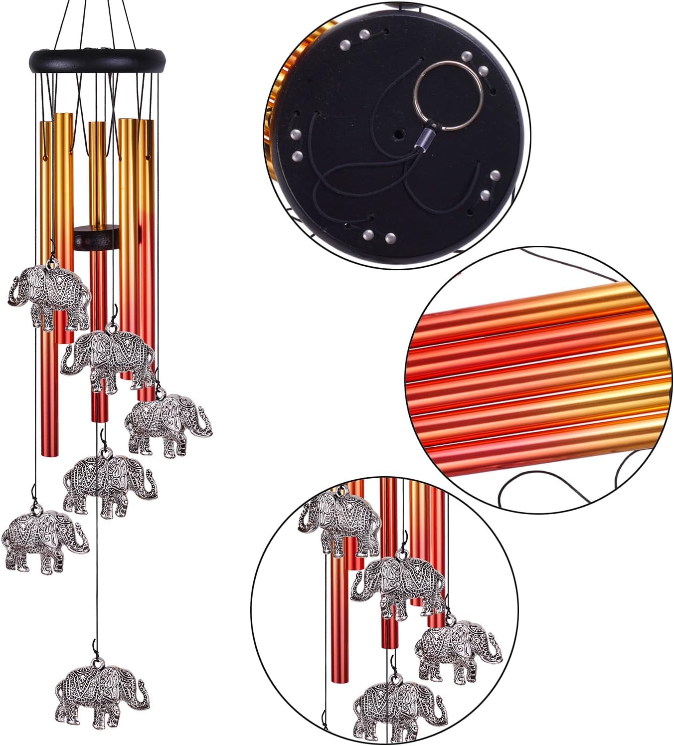 Elephant Wind Chimes Outdoor/Indoor Decor - Pure Hand-Made Mobile Romantic Wind Catcher, 28" Elephants Wind Chimes for Home, Xmas, Gift for Mom, Balcony, Patio, Garden Decoration(6 Elephants, 5 Tubes)