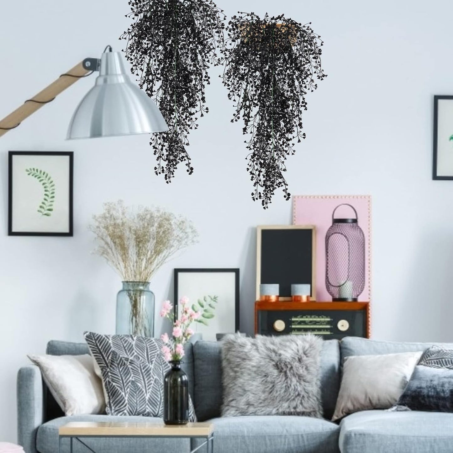 RECUTMS Artificial Hanging Plants Indoor 4 Pcs Artificial Ferns Plants Large Faux Hanging Plant Wall Plants Fake Ivy Room Fall Home Garden Wedding Halloween Party Indoor Outdoor Decor(Black)
