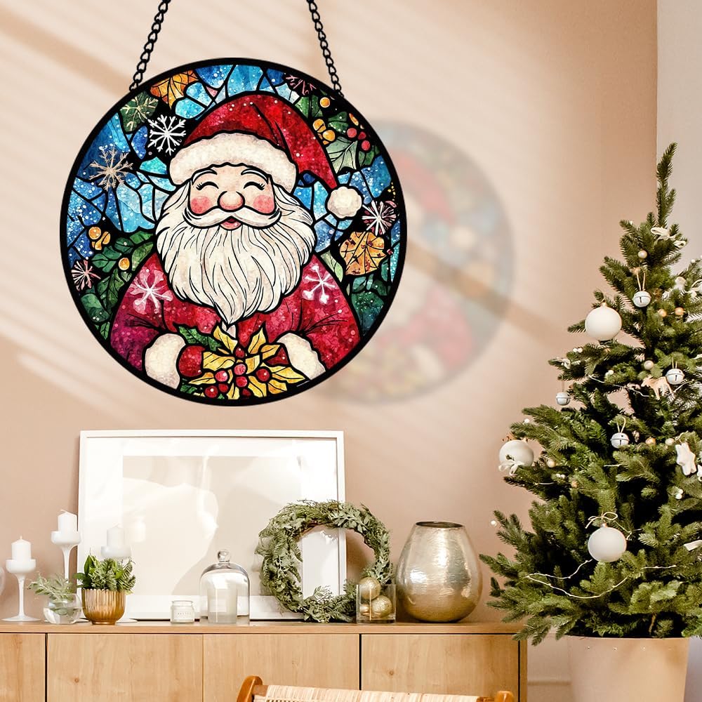 Santa Claus Stained Glass Window Hanging, Santa Stained Glass Window Hanging, Glass Ornament for Party Décor, Christmas Glass Decoration for Home, Merry Christmas Ornament Gifts for Family Friends