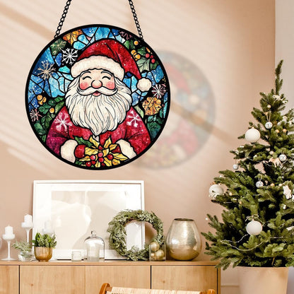 Santa Claus Stained Glass Window Hanging, Santa Stained Glass Window Hanging, Glass Ornament for Party Décor, Christmas Glass Decoration for Home, Merry Christmas Ornament Gifts for Family Friends