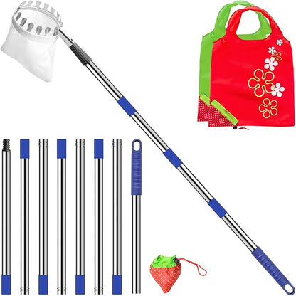 Numola Fruit Picker Pole with Basket, 10.3FT Adjustable Pole with 2 Strawberry Bags for Orange, Lemon, Avocado, Mango, Cherry, Apple, Pear, Apricot, Limes, Peach, Plums, Persimmons Tree Picker, Blue