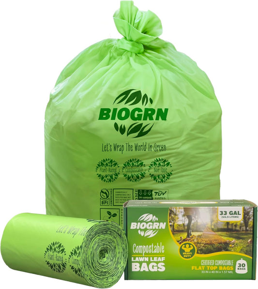 30-33 Gallon Compostable Trash Bags Flat-Top 30 Bags Heavy Duty1.57 Mil, 124.92 Liter Large Lawn