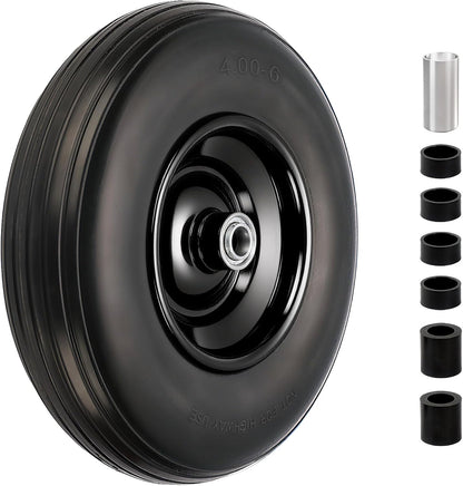 RRQ 4.00-6 Flat Free Tire and Wheel, 13" Solid Wheelbarrow Tire with 1.75" Centered Hub and 3/4" Bearings(Come with 5/8" ID Iron Tube Adapter), for Garden Cart, Trolley, Wheelbarrow Wheel Replacement