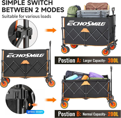 EchoSmile Collapsible Foldable Extended Wagon with 500lbs Weight Capacity, 300L Folding Utility Wagon Cart with Big All-Terrain Wheels for Beach,Sport,Gargen&Grocery,Black & Orange