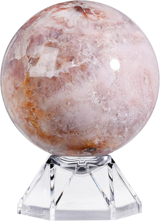 Natural Cherry Blossom Agate Crystal Ball with Acrylic Display Base, 50-60mm Polished Stone Feng Shui Crystal Sphere Meditation Decoration for Home & Office
