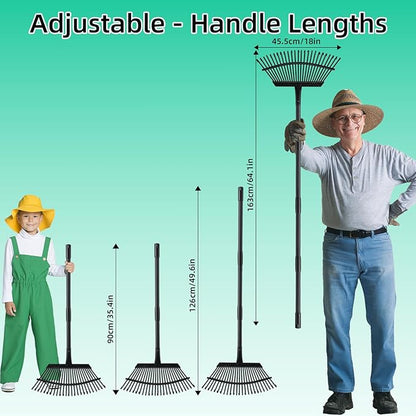 Rake for Leaves Heavy Duty Metal Garden Tools with 64.1 Inch Adjustable Steel Handle 25 Tines Leaf Rakes for Lawns Flower Bed Shrub Camping, Black