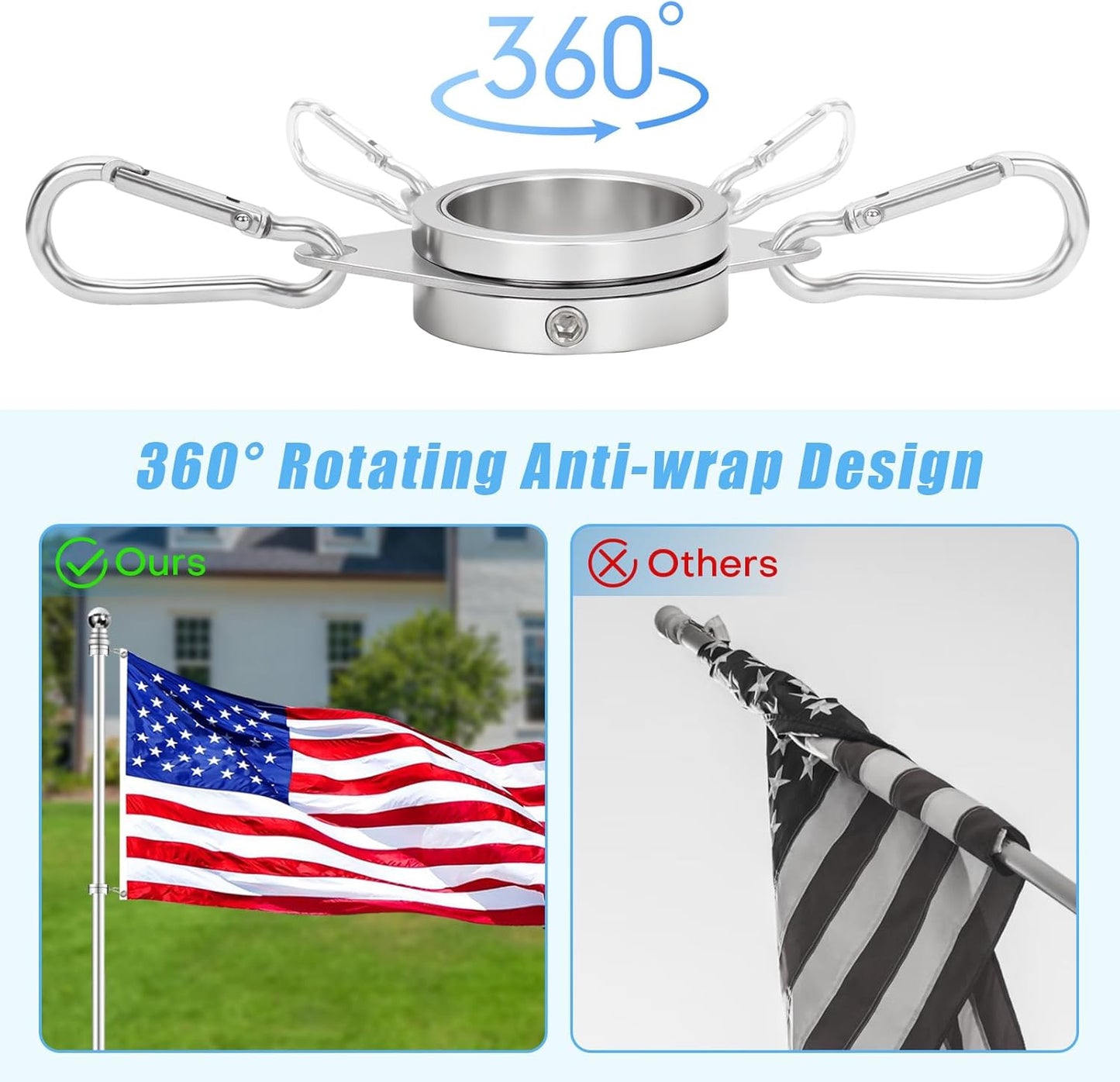 1.25" Flag Pole Rings, 2 Pcs Aluminum Alloy Spinning Flag Pole Ring Clips Swivels, 360° Rotating Anti Wrap Flagpole Ring Hardware with Aluminum Carabiners for 1.02-1.25" Diameter