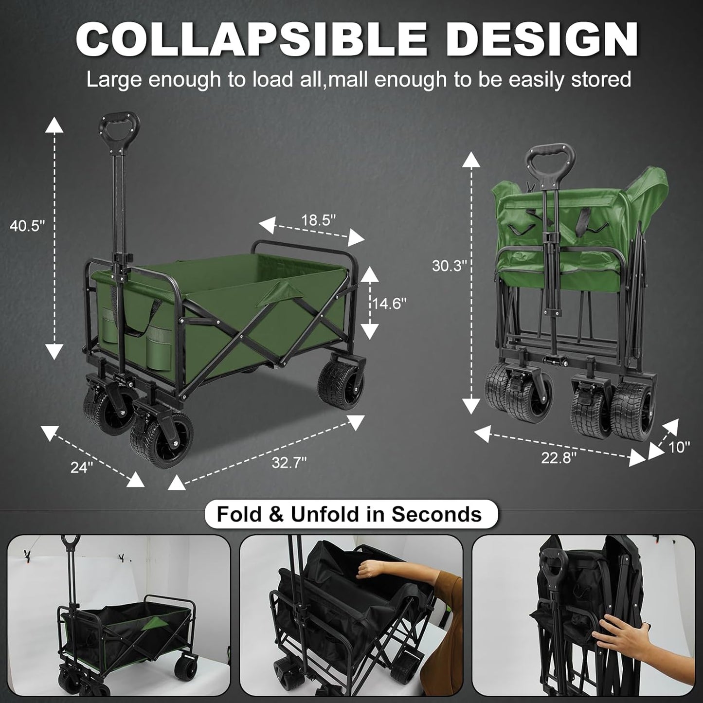 SZHLUX Collapsible Foldable Wagon with Big Wheels for Sand, Utility Grocery Wagon with Side Pocket and Brakes for Camping, Sports, Outdoor Activities