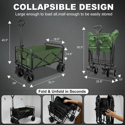 SZHLUX Collapsible Foldable Wagon with Big Wheels for Sand, Utility Grocery Wagon with Side Pocket and Brakes for Camping, Sports, Outdoor Activities