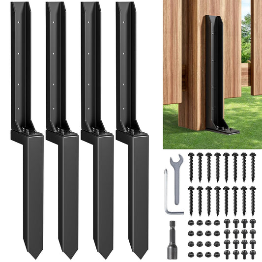 Fence Post Repair Kit，Heavy Duty Steel Fence Post Anchor Ground Spike ，Quick Fix Broken/Leaning Wood Posts with，and Fixed Fence Posts（4-Pack）