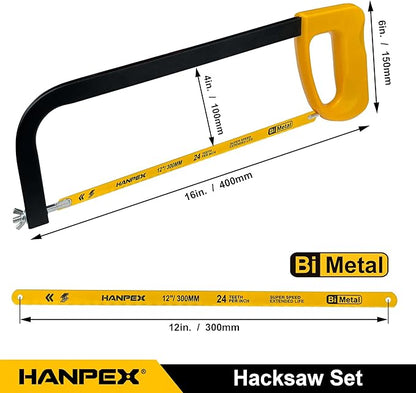 12in. High-Tension Hacksaw Frame with 5pcs Extra Bi-metal Blades, Hand Saw Suitable for Metal, wood, PVC, Carpentry