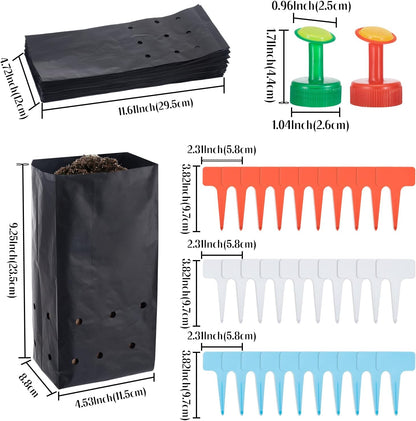 100 Pcs Nursery Growing Bags Seedling Starter Bags with 30 Plant Labels & 2 Mini Watering Sprinklers Plant Grow Bags Plants Pots Plastic Pouches for Garden Trees,Flowers, Vegetable(9.2x4.9x3.5 Inch)