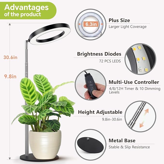 Desktop Grow Light, Height Adjustable Grow Lights for Indoor Plants Full Spectrum, 3 Lighting Mode, Halo Grow Light with Timer, Plant Lights for Indoor Growing (Black)