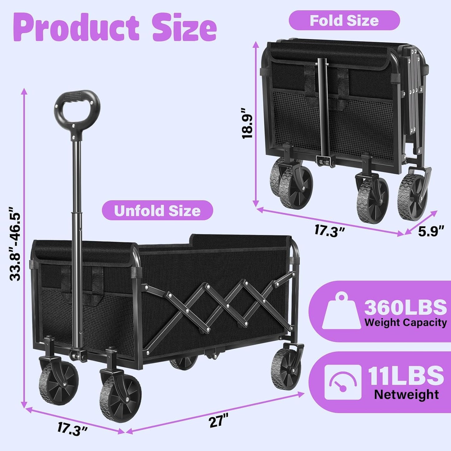 Collapsible Foldable Wagon Cart,360Lbs Collapsible Wagon Cart with Wheels Portable,Outdoor Utility Carts for Groceries, Camping, Sports, Garden, Shopping