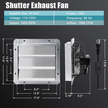 Criditpid 14 Inch Shutter Exhaust Fan with Speed Controller and Power Cord for Garage, Greenhouse, Attic, Chicken Coop, Shop, Shed, Basement Ventilation, 1088 CFM 1450 RPM Wall Mounted Exhaust Fan.