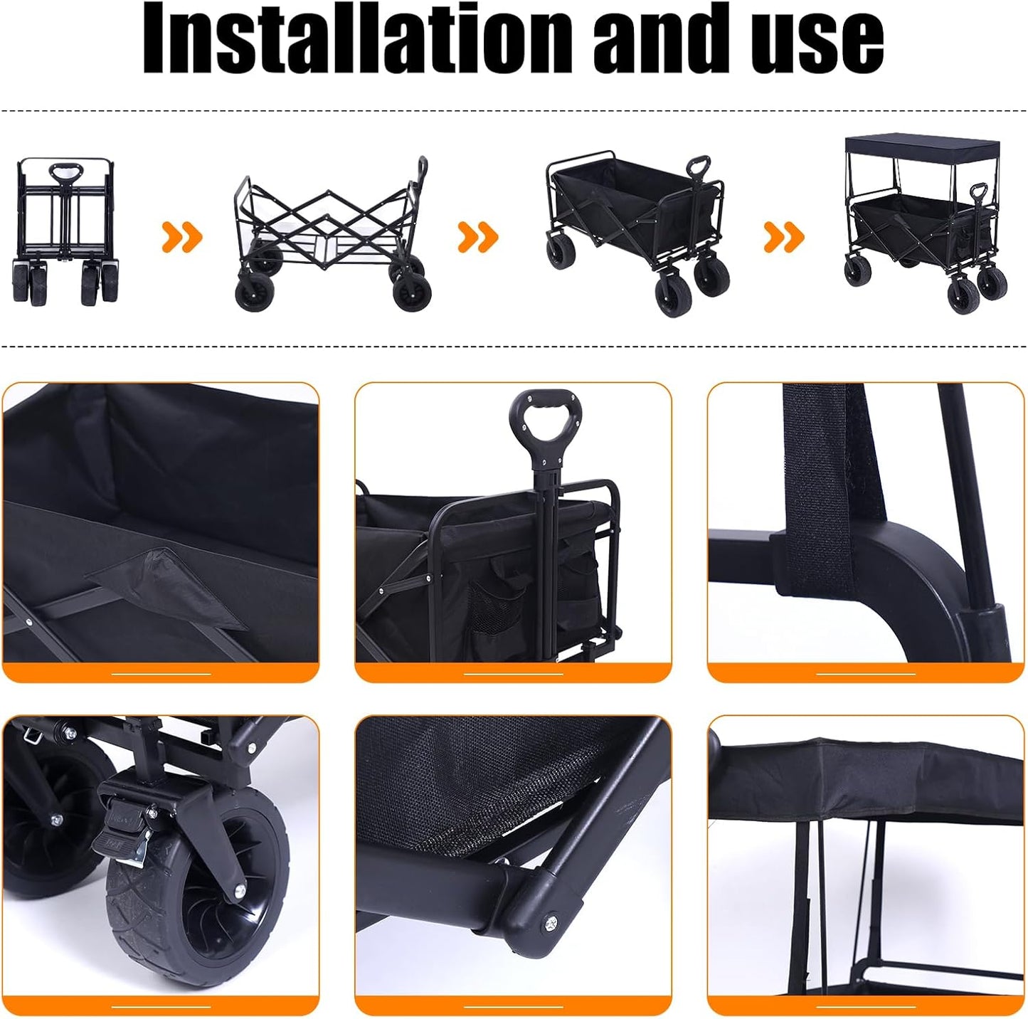 Nice C Heavy Duty Wagon, Collapsible Wagon with Canopy, Black, Steel, 4 Wheels, 33 x 22.4 x 7.6 inches