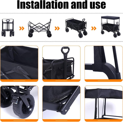 Nice C Heavy Duty Wagon, Collapsible Wagon with Canopy, Black, Steel, 4 Wheels, 33 x 22.4 x 7.6 inches