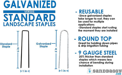Sandbaggy Galvanized 6-Inch Landscape Staples | Industrial Grade 9 Gauge Steel | Also Called Fabric Pins, Garden Earth Stakes, Lawn Nails | Trusted by Farmers & Homeowners Across The USA (100 Staples)