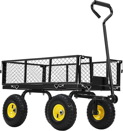Steel Garden Cart on Wheels, 880 LBS Pullable Metal Garden Wagon, 180° Rotating Handle and Removable Sides for Outdoor, Farm, Yard, Beach