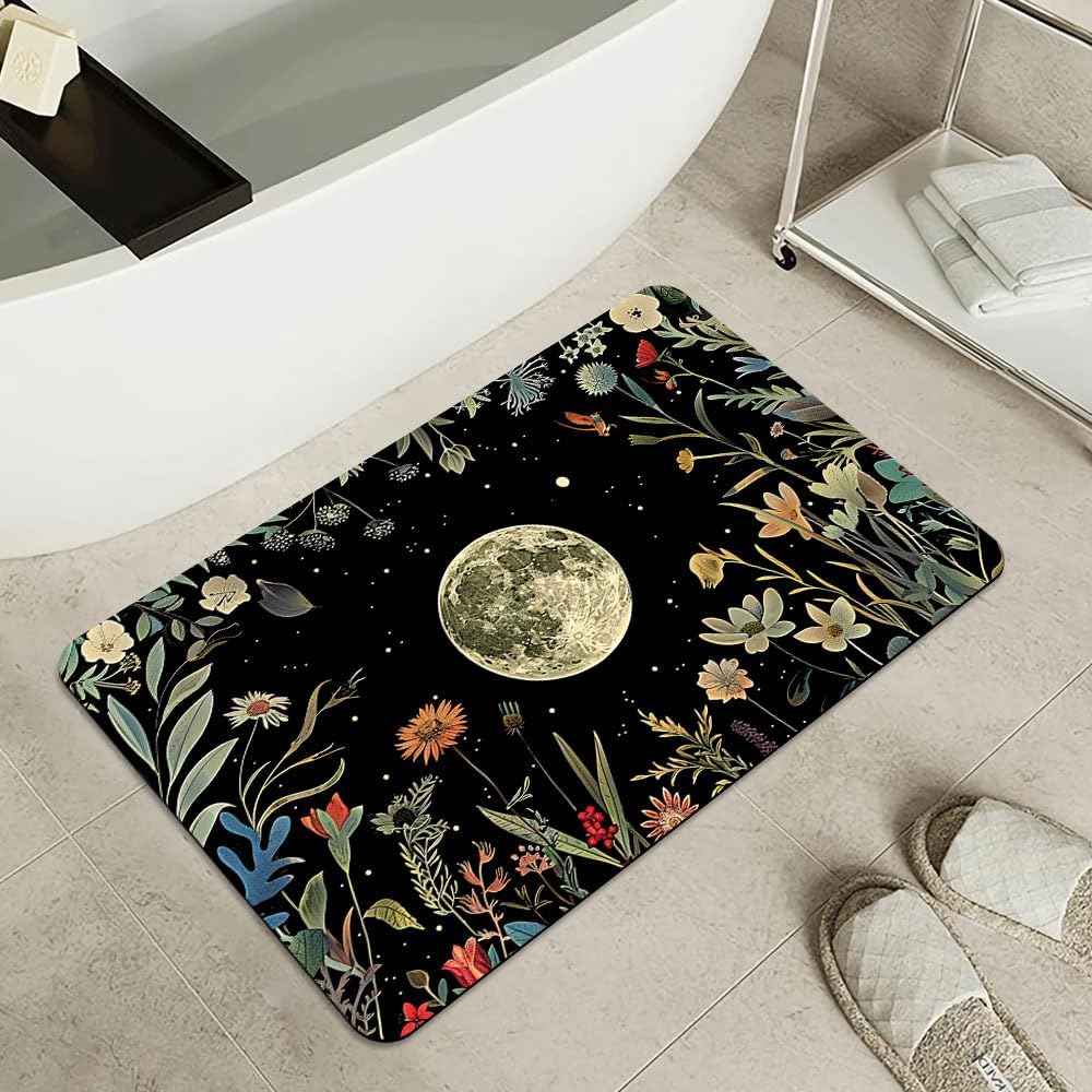 Bath Mat-Bathroom Rug，Moon Surrounded by Wildflowers-Absorbent Non Slip Quick Dry Stain Resistant Easy to Clean Care Shower Rug for Bathtub Shower Room 17×27.5Inch (43 * 70cm)