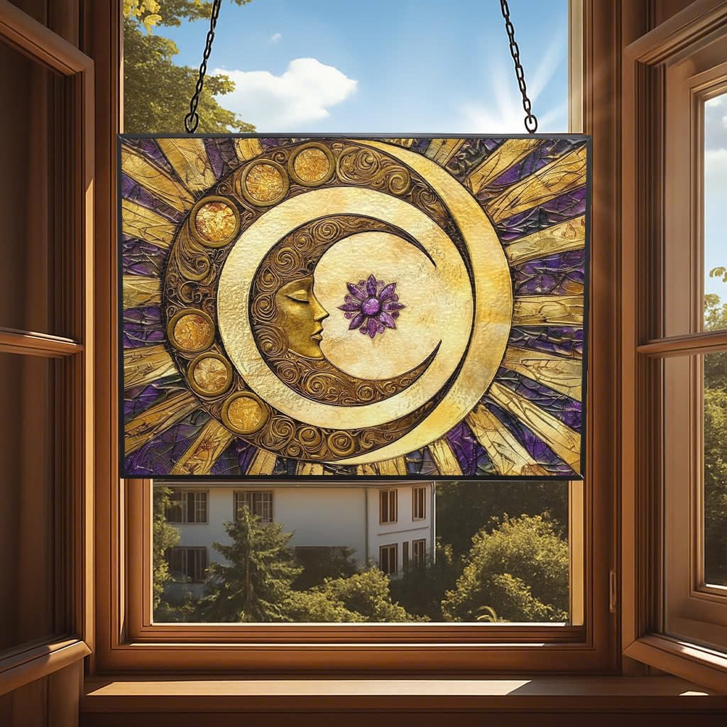 Rectangle Sun and Moon Suncatcher Indoor/Outdoor Stained Glass Window Hanging Handmade Suncatchers Home Decor Garden Christmas Party Wedding Housewarming Gifts