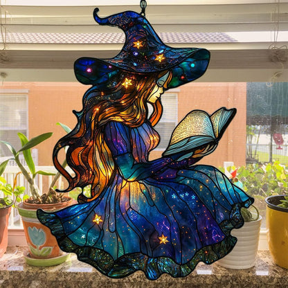 Cute Wizard Reading Books Acrylic Suncatcher Stained Glass Effect Window Car Hanging Christmas Ornament Indoor Outdoor Decor Garden Sun Catcher Panel for Book Lover for Women Mom Grandma