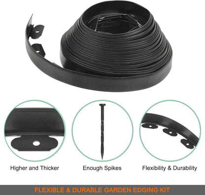 Garden Edging - 40 Feet Plastic Landscaping Edging Border with 36 Pack Spikes Apply to Flower Beds/Grass Lawn/Yard (1.57Inches Tall, Black)