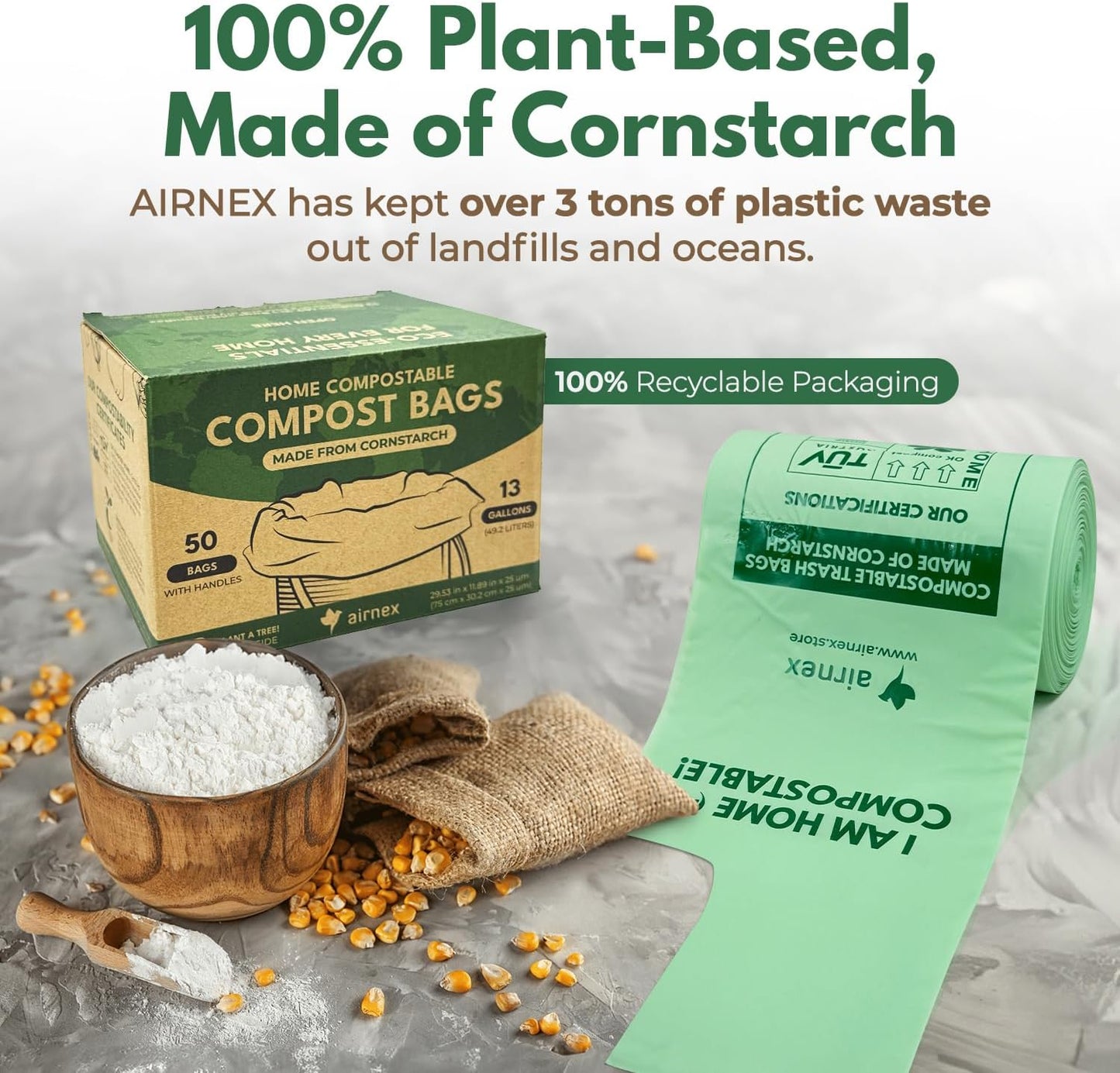 Compost Bags for Countertop Bin -Compostable Trash Bags made of Cornstarch - Leakproof & Tear Resistant Biodegradable Trash Bags - OK Compost Home & Seedlings Certified (13 Gallon, 100 Count)