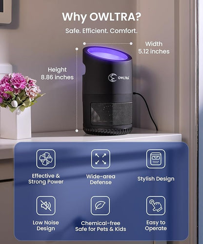 OWLTRA IMT-L70 Indoor Electric Insect Trap, Catcher & Killer Lamp for Fruit Flies, Mosquitos, Moths, Gnats, and More with UV Light Attraction and Fan Suction, Black