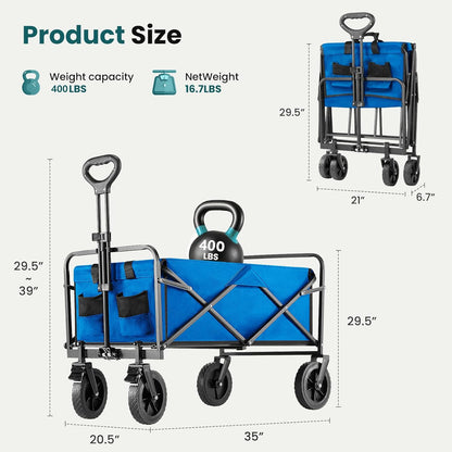 OLIXIS Wagon Cart, Heavy Duty Collapsible 400 lbs Large Foldable Wagons Carts with Wheels Smooth Maneuverability for All-Terrain, Suitable for Gardening, Camping, Beach, Bluecolor