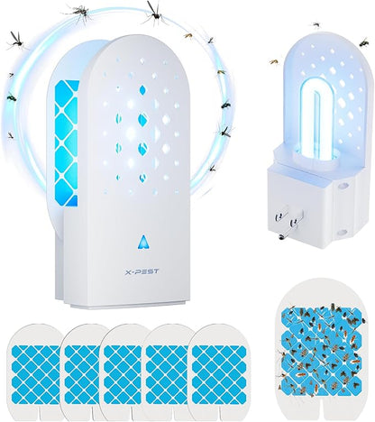 X-PEST Fly Trap Indoor, Gnat Traps with Light Tube, Plug in to Catch Flying Insects, Like Flies, Fruit Flies, Moths, Mosquitoes- Fly Zapper for Indoor Area Use (1 Device+5 Glue Boards)
