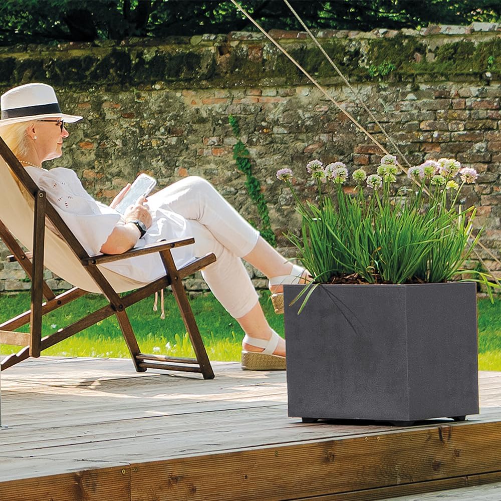 Deroma Millennium 19” Cube | Light & Durable Plastic | Indoor/Outdoor Square Pot for Patio | Water Reserve, Drain Plug Wheels | Trendy Planter for Plants, Flowers, Garden | Black