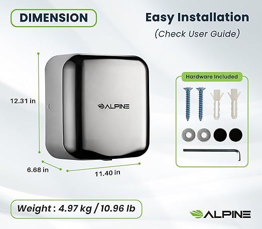 Alpine Automatic Hand Dryers for Bathrooms Commercial High Speed 110-120V Stainless Steel Electric Hand Dryer, Plug In & Hardwire Options with Air Filter, ADA & UL Compliant & 5 Years Coverage(Chrome)