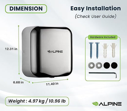 Alpine Automatic Hand Dryers for Bathrooms Commercial High Speed 110-120V Stainless Steel Electric Hand Dryer, Plug In & Hardwire Options with Air Filter, ADA & UL Compliant & 5 Years Coverage(Chrome)