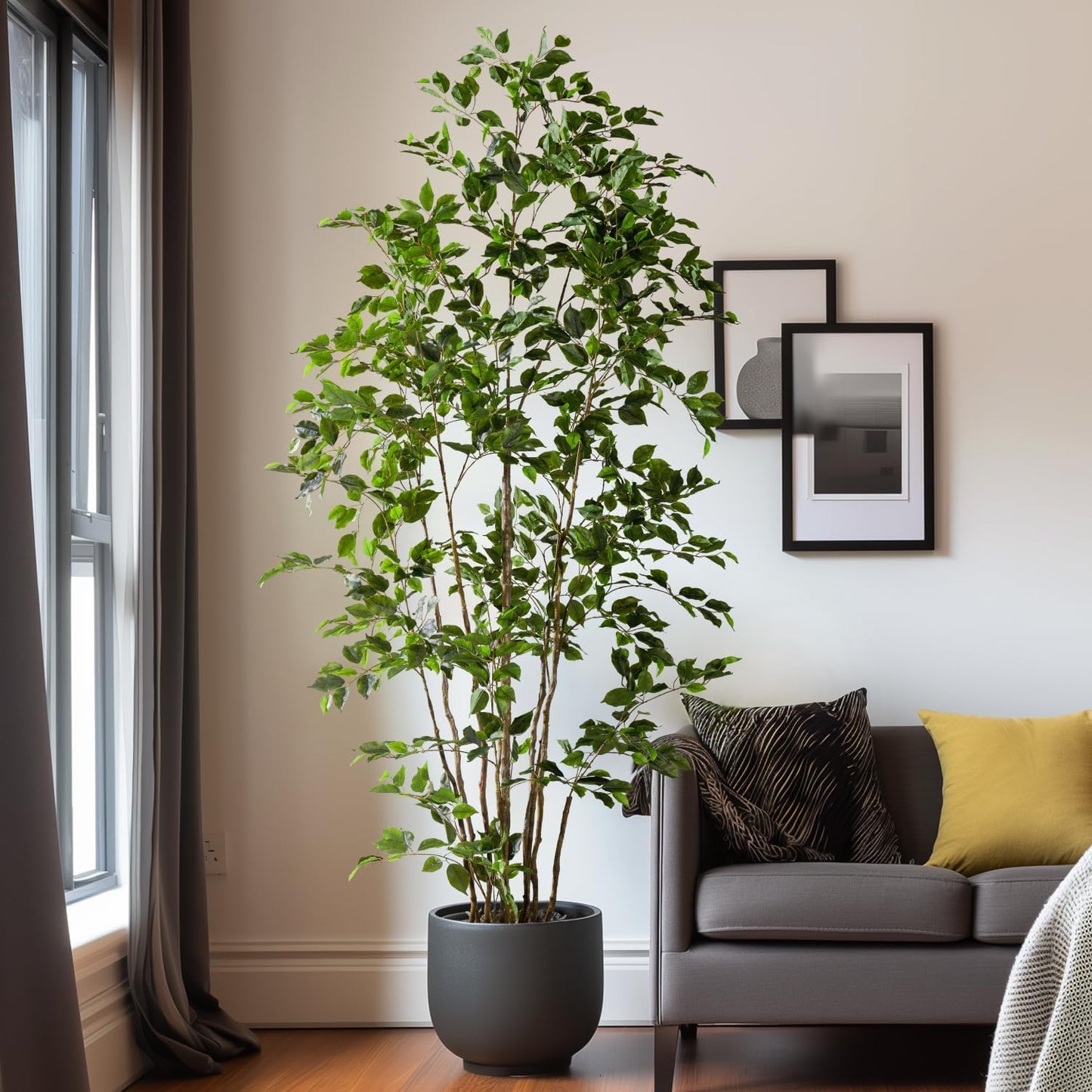 Artificial Ficus Tree Indoor 8ft, Large Potted Faux Tree with Realistic Silk Leaves & Trunk for Home Office, Living Room Corner Decor