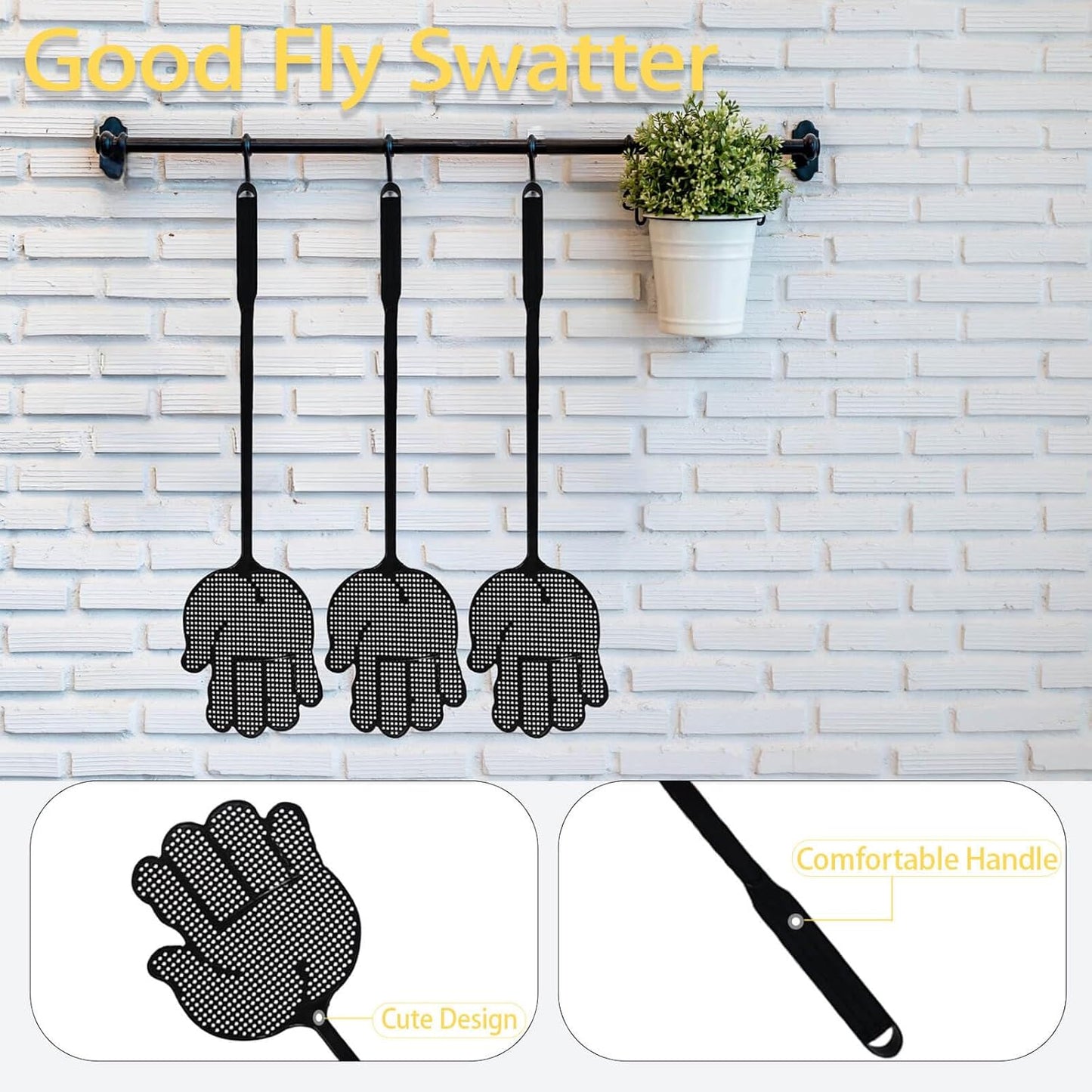 Fly Swatter Heavy Duty for Indoors – Hand-Shaped Flyswatter with Non-Slip Grip, Flexible 3-Pack Bug Swatters for Kitchen, Patio & Living Room