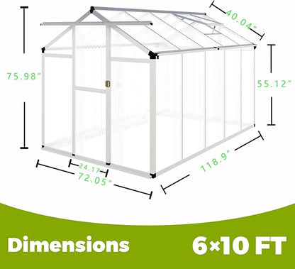 6 x 10FT Greenhouse for Outdoors,Polycarbonate Garden Backyard,Silver