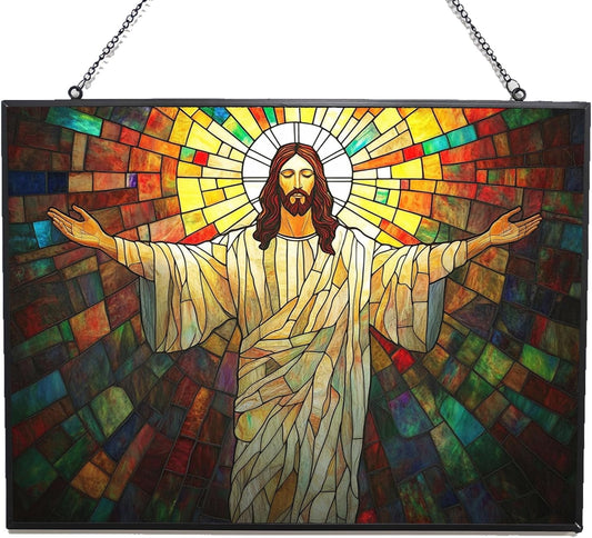 Customized Rectangle Boho Jesus Open Arms Stained Glass Suncatcher Stained Glass Window Hangings