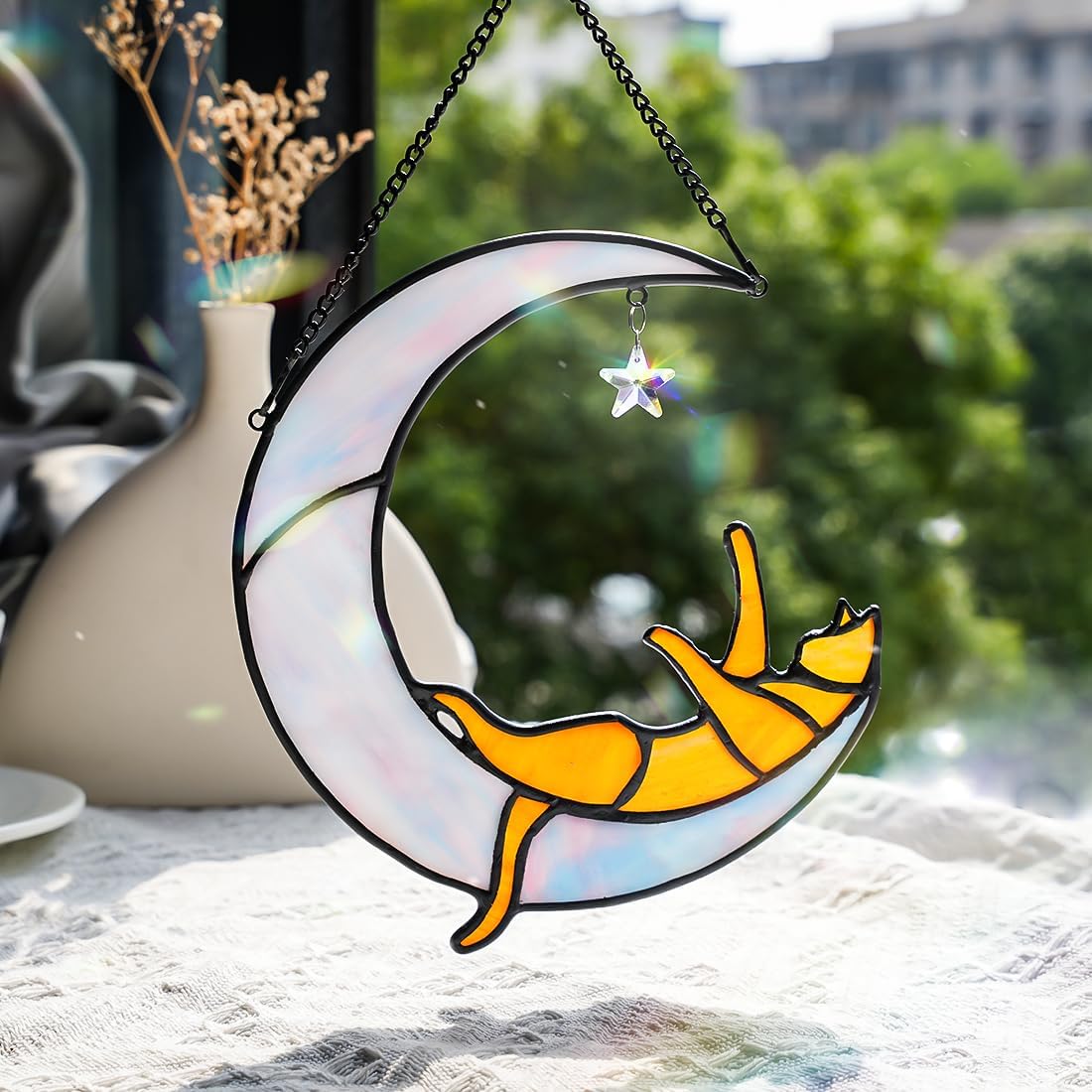 Orange Cat on Moon Stained Glass Suncatchers Star Crystal Decor,Rainbow Stained Glass Window Hangings,Funny Cat Lover Themed Gifts for Women Mom