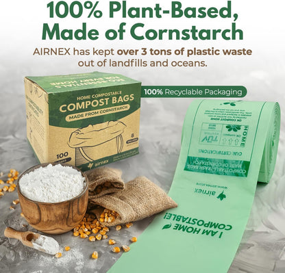 Compost Bags for Countertop Bin -Compostable Trash Bags made of Cornstarch - Leakproof & Tear Resistant Biodegradable Trash Bags - OK Compost Home & Seedlings Certified (8 Gallon, 100 Count)