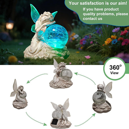 Fairy Garden Statue ，Solar Garden Decor ，Fairy Statue Outdoor with Glass Ball ，Waterproof Outdoor Decor，Suitable for Yard, Lawn ，Ideal for Holiday Giving (Left)